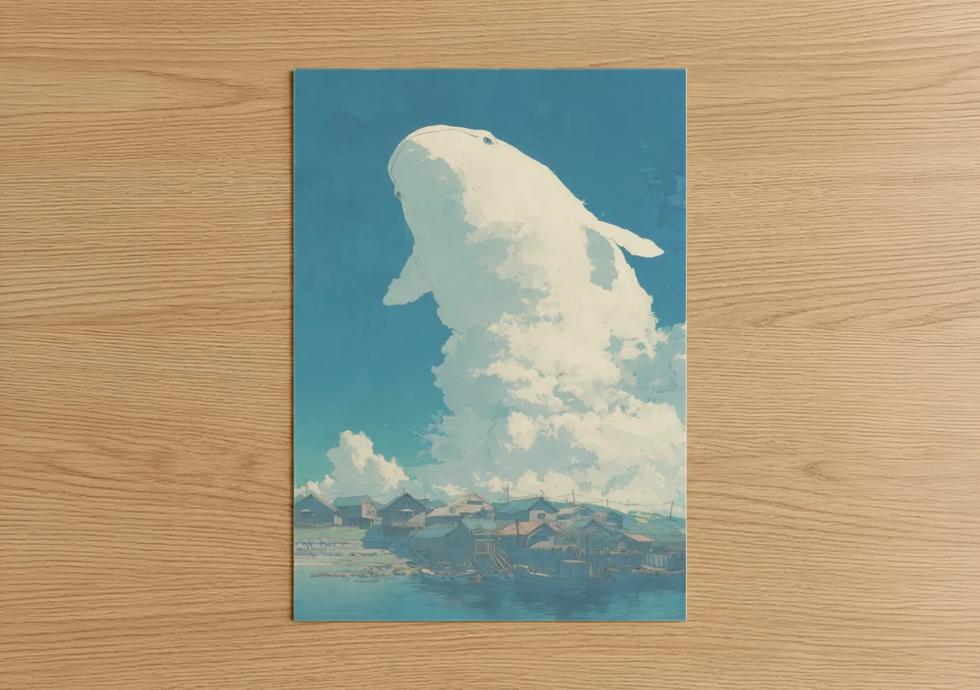 Beluga whale art print on warm oak wood — blue and white palette — Arctic Whale poster