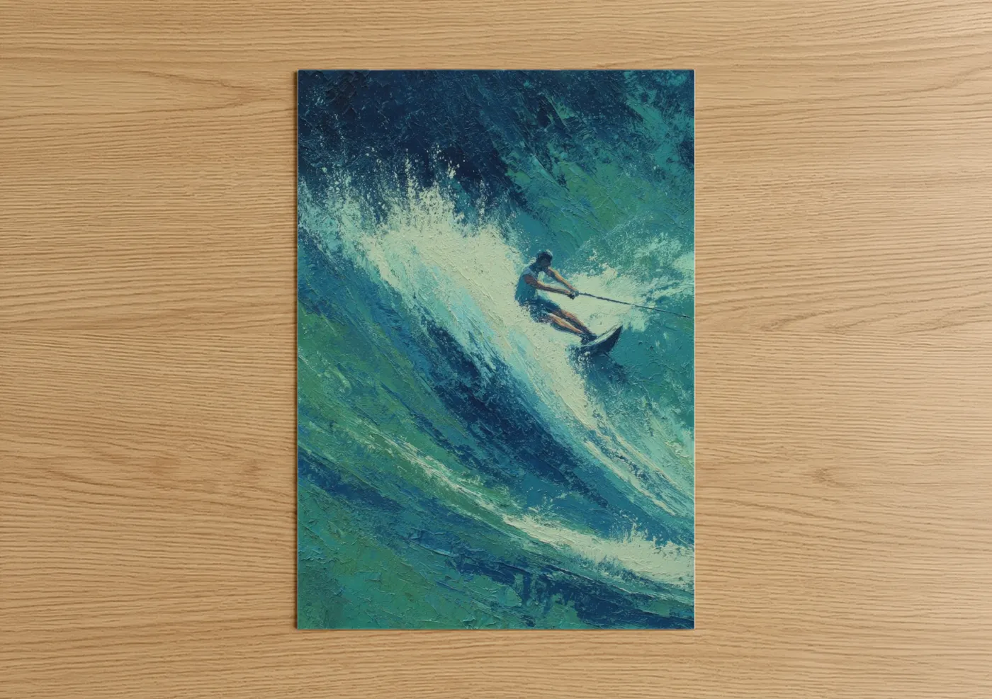 Wakeboarding art print on warm oak wood — turquoise and blue palette — Wave Rider poster