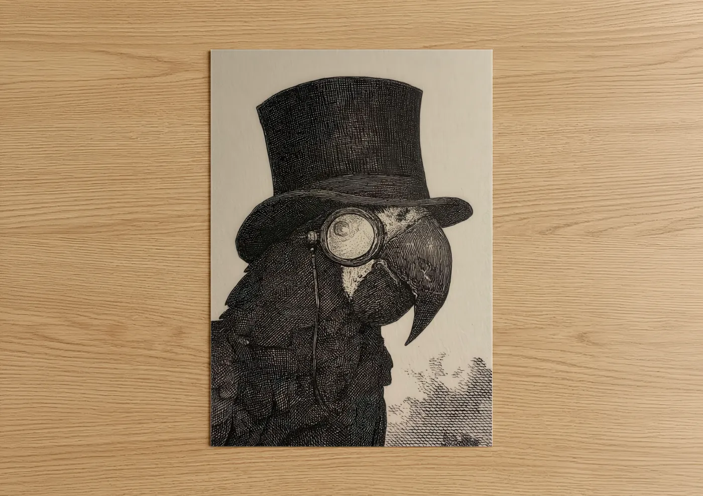 Art print on warm oak wood — black and white palette — Steampunk Macaw poster