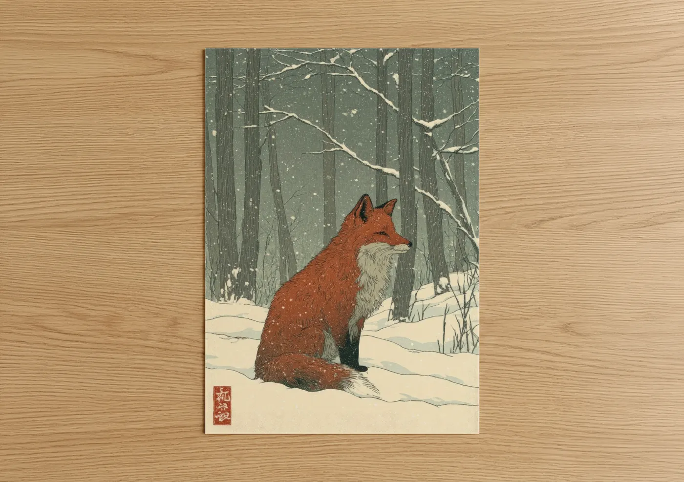Art print on warm oak wood — gray and white palette — Snowy Fox poster