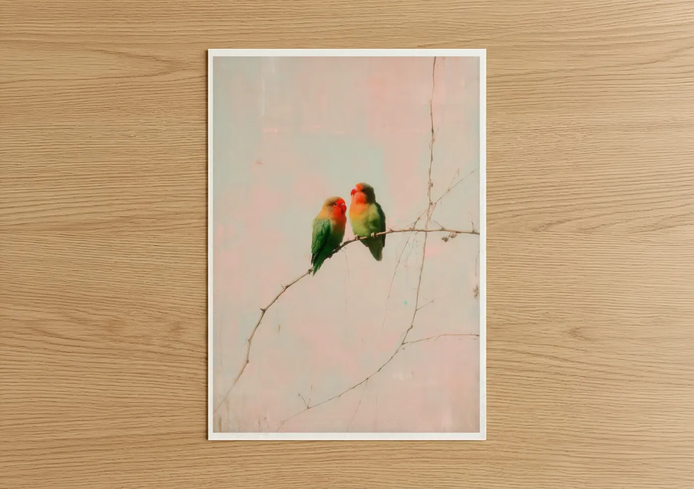 Colorful Lovebirds on Branch Watercolor Wall Art