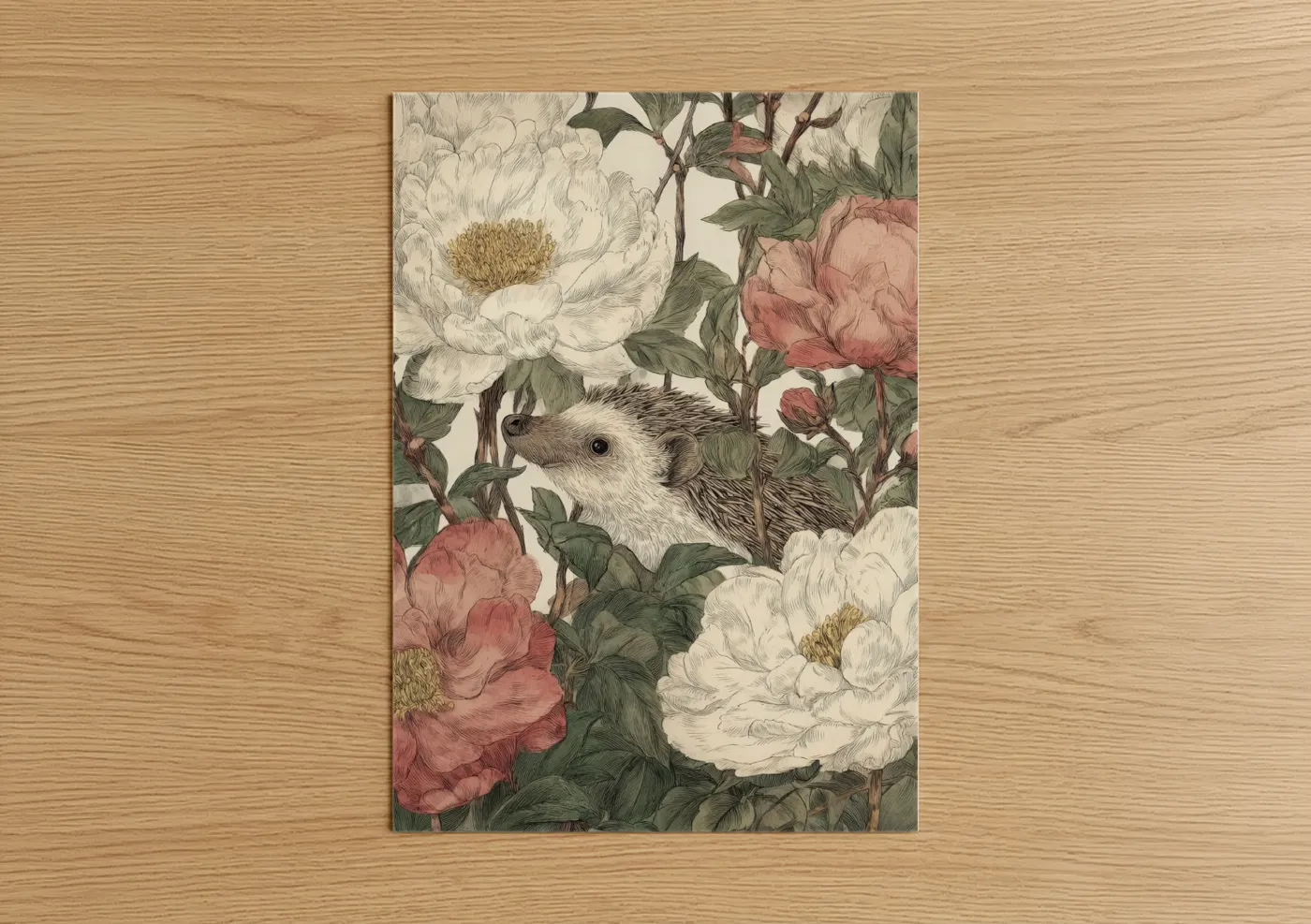 Art print on warm oak wood — cream and sage green palette — Hedgehog Bloom poster