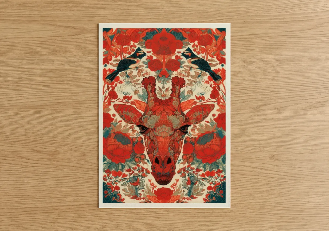Crimson Giraffe Floral Pattern Wall Art