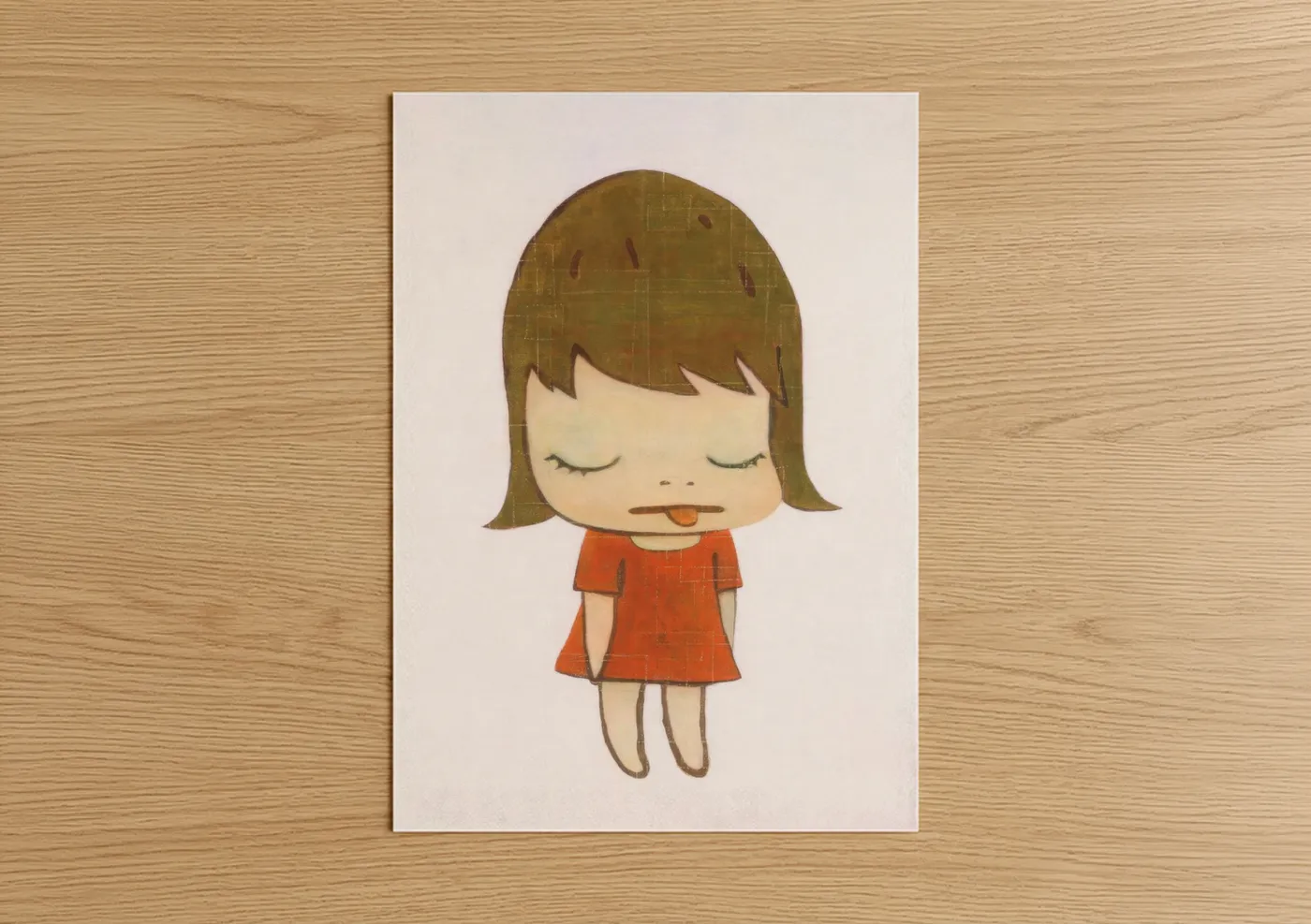 Kids and nursery art print on warm oak wood — orange and cream palette — Minimalist Girl Character Wall Art poster