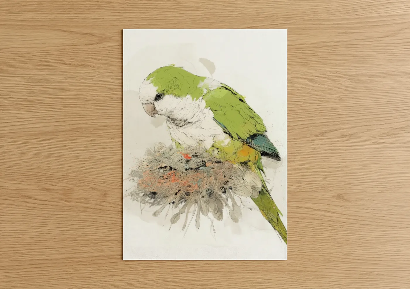 Safari parrots art print on warm oak wood — light green and cream palette — Green Parrot Portrait poster