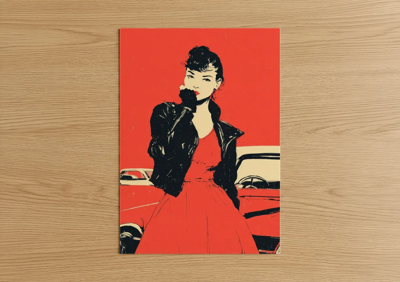 Vintage fashion art print on warm oak wood — red and black and white palette — Classic Elegance poster