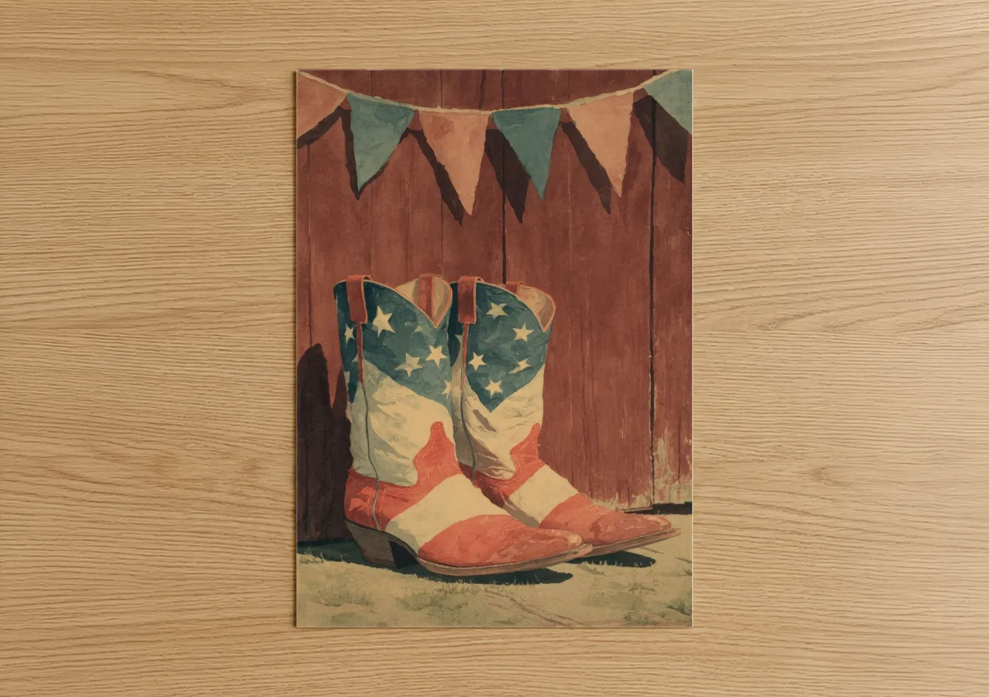 4th of july art print on warm oak wood — red palette — Patriotic Cowboy Boots poster