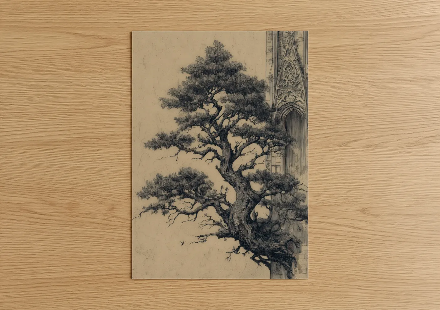 Art print on warm oak wood — black and white and beige palette — Cypress Tree poster