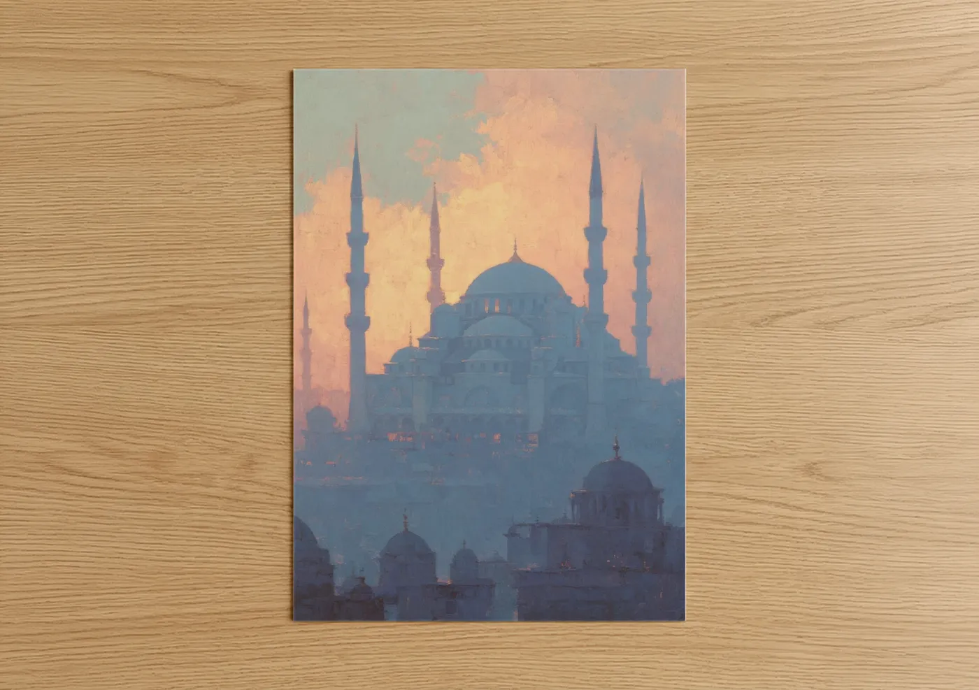 Art print on warm oak wood — blue and peach palette — Twilight Mosque poster
