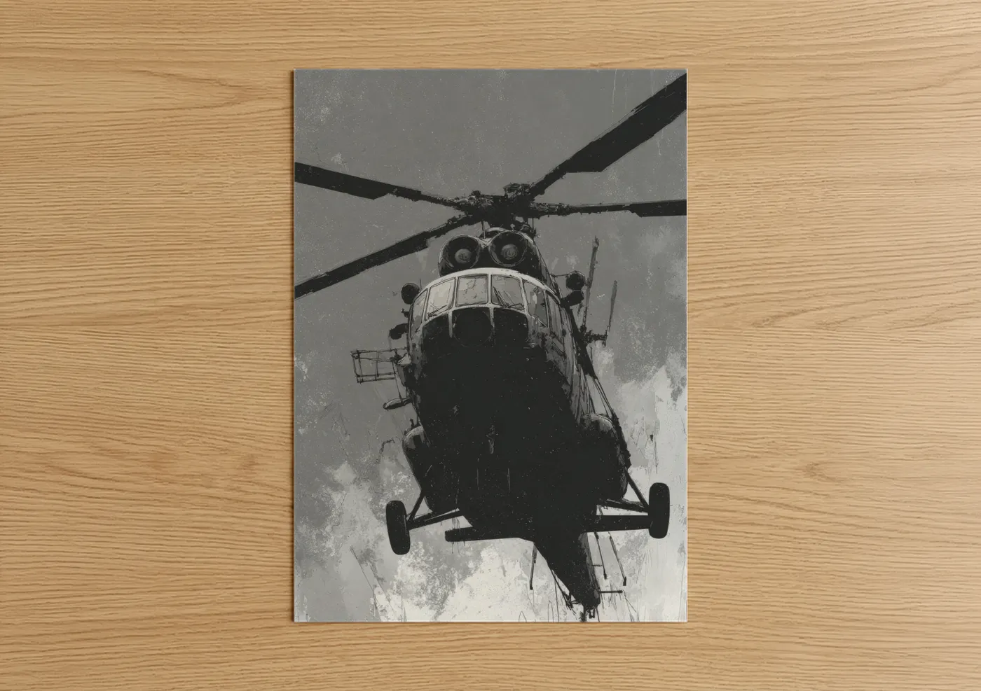 Art print on warm oak wood — black and white palette — Industrial Helicopter Overhead poster