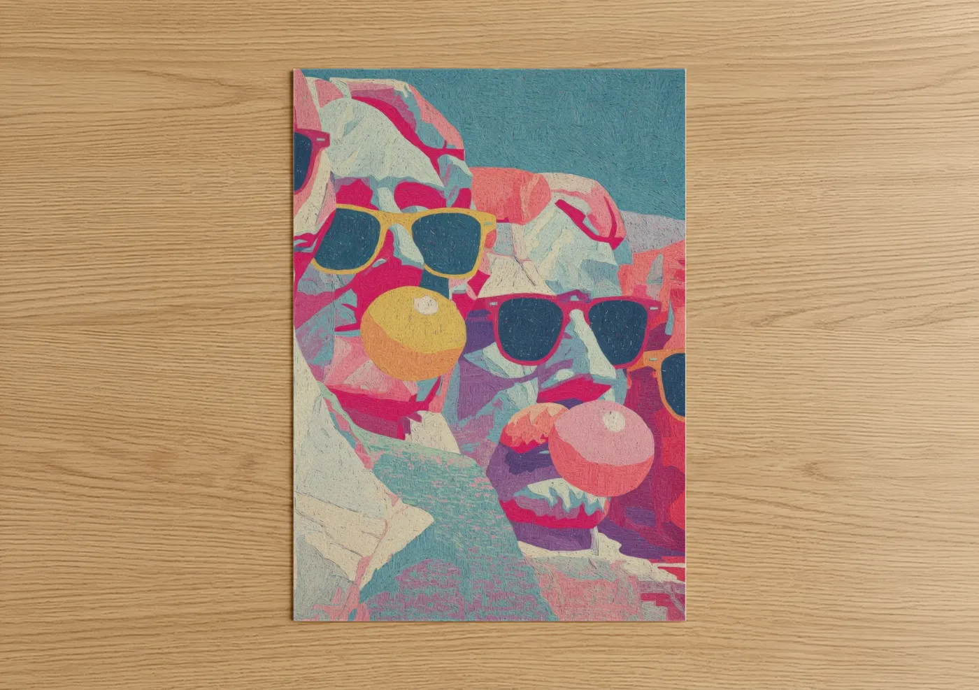 Monuments art print on warm oak wood — magenta and teal palette — Vibrant Monument Celebration poster
