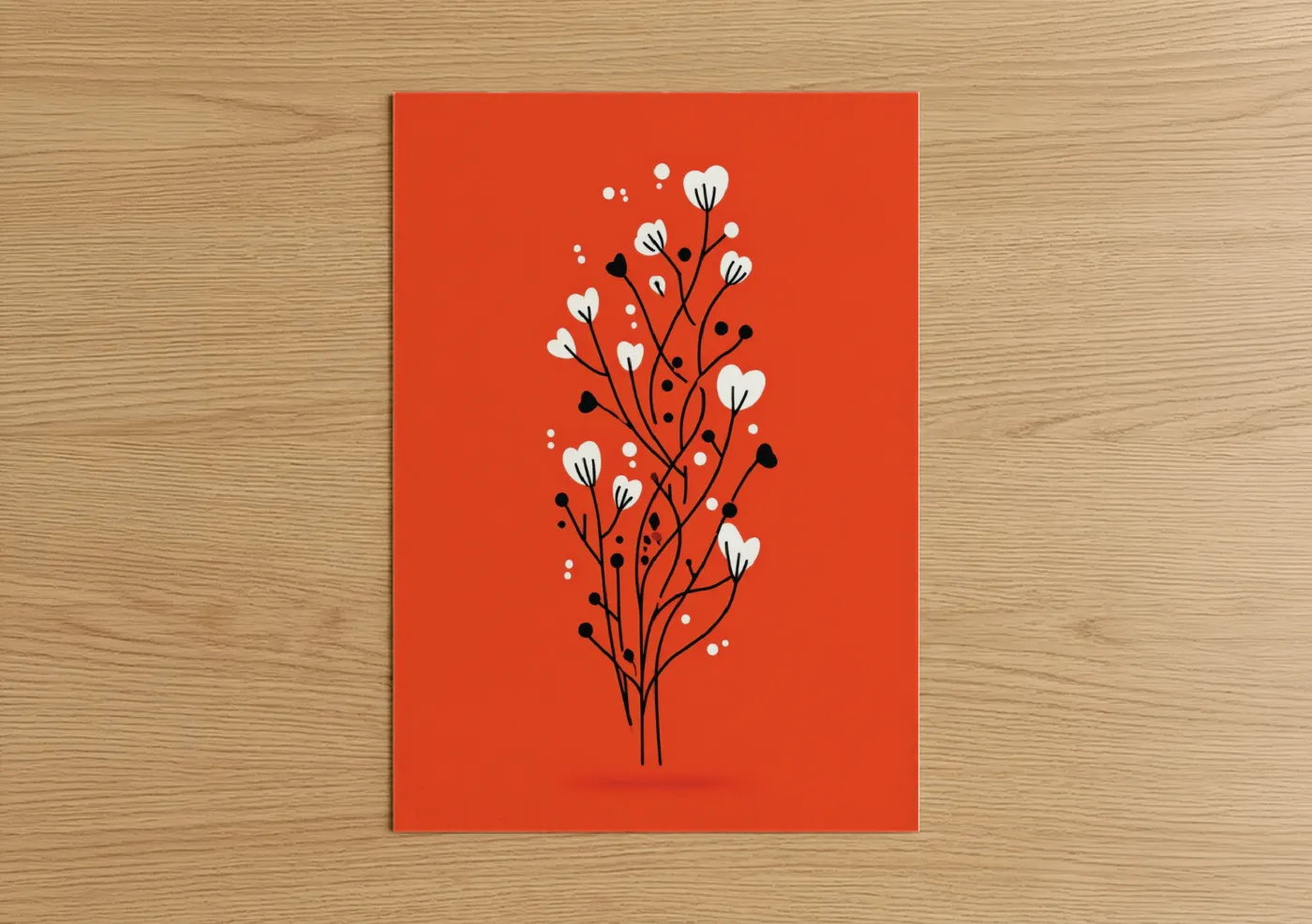 Abstract flower art print on warm oak wood — red and black and white palette — Minimalist Botanical Branch poster