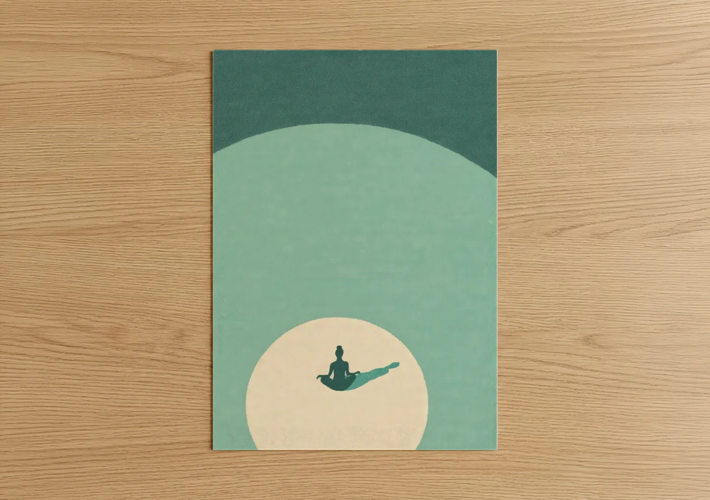Fitness yoga art print on warm oak wood — teal and sage green palette — Serene Yoga Pose poster