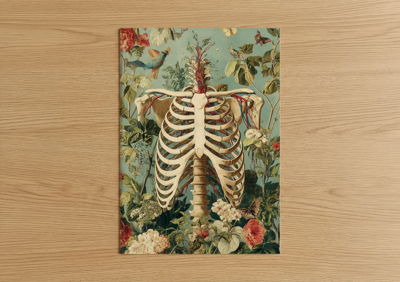 Skull art print on warm oak wood — sage green and cream palette — Botanical Skeleton poster