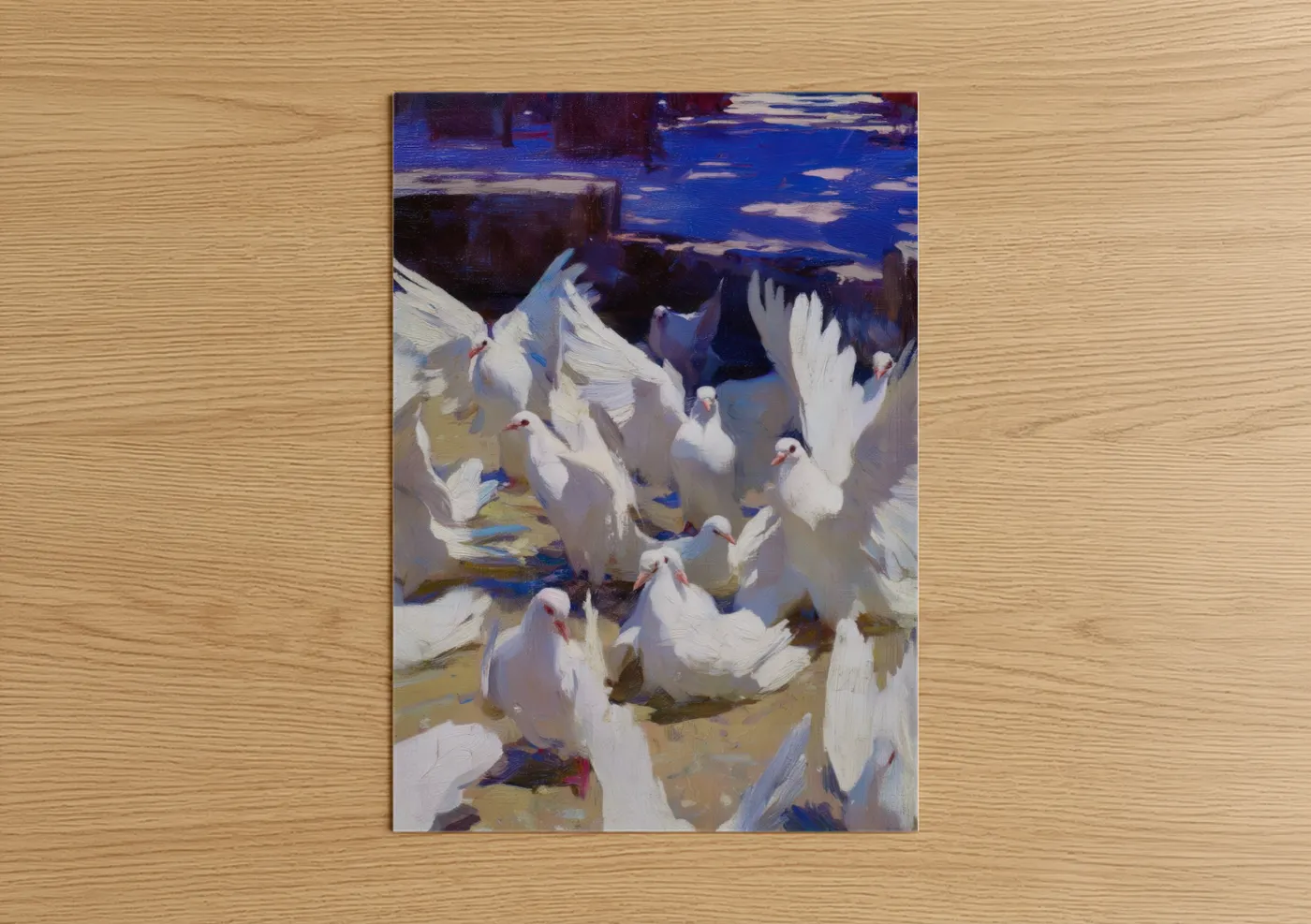 Art print on warm oak wood — blue and white palette — Peaceful Dove Flock poster