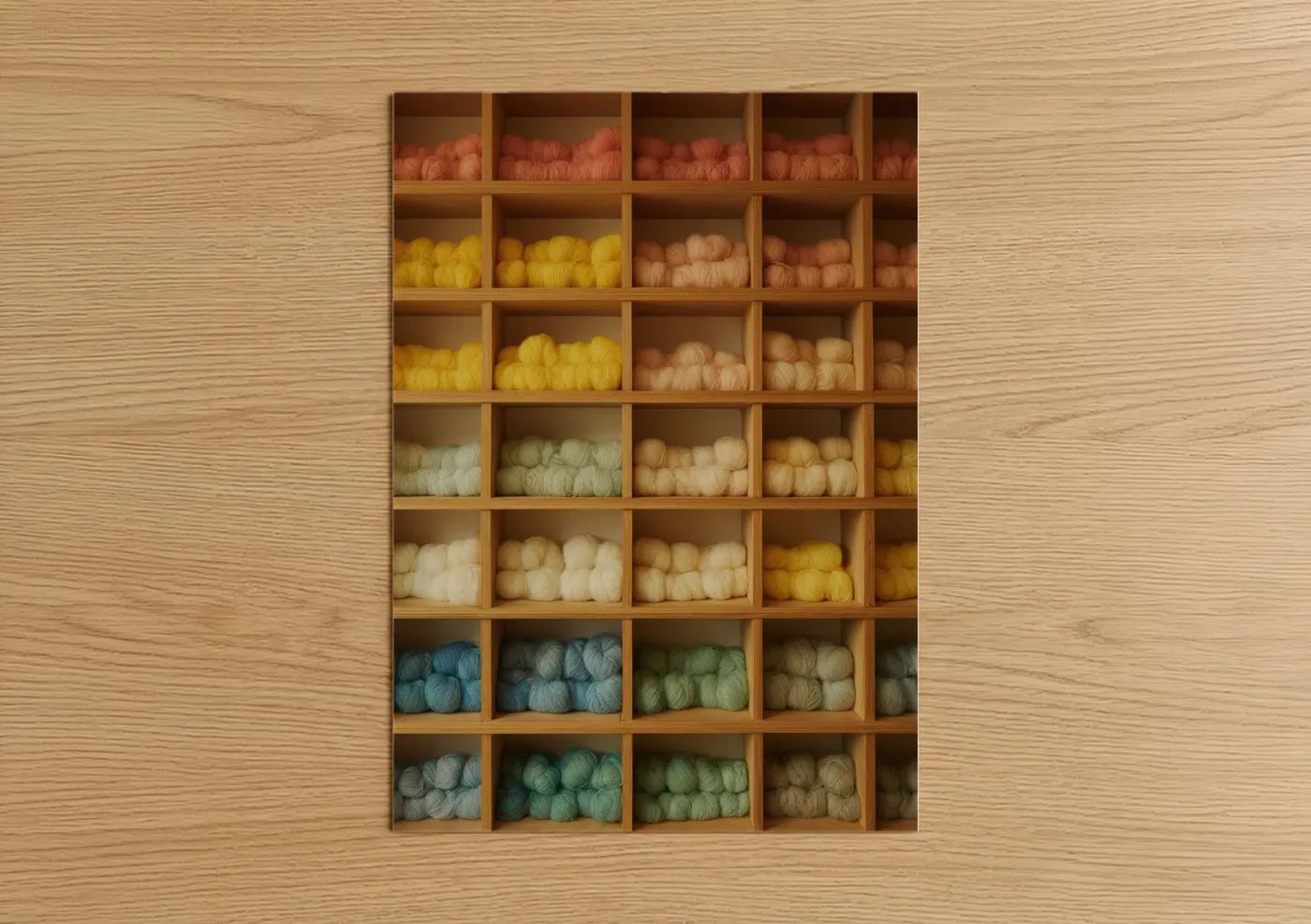 Knitting and sewing art print on warm oak wood — gold and peach palette — Yarn Stash Shelves poster