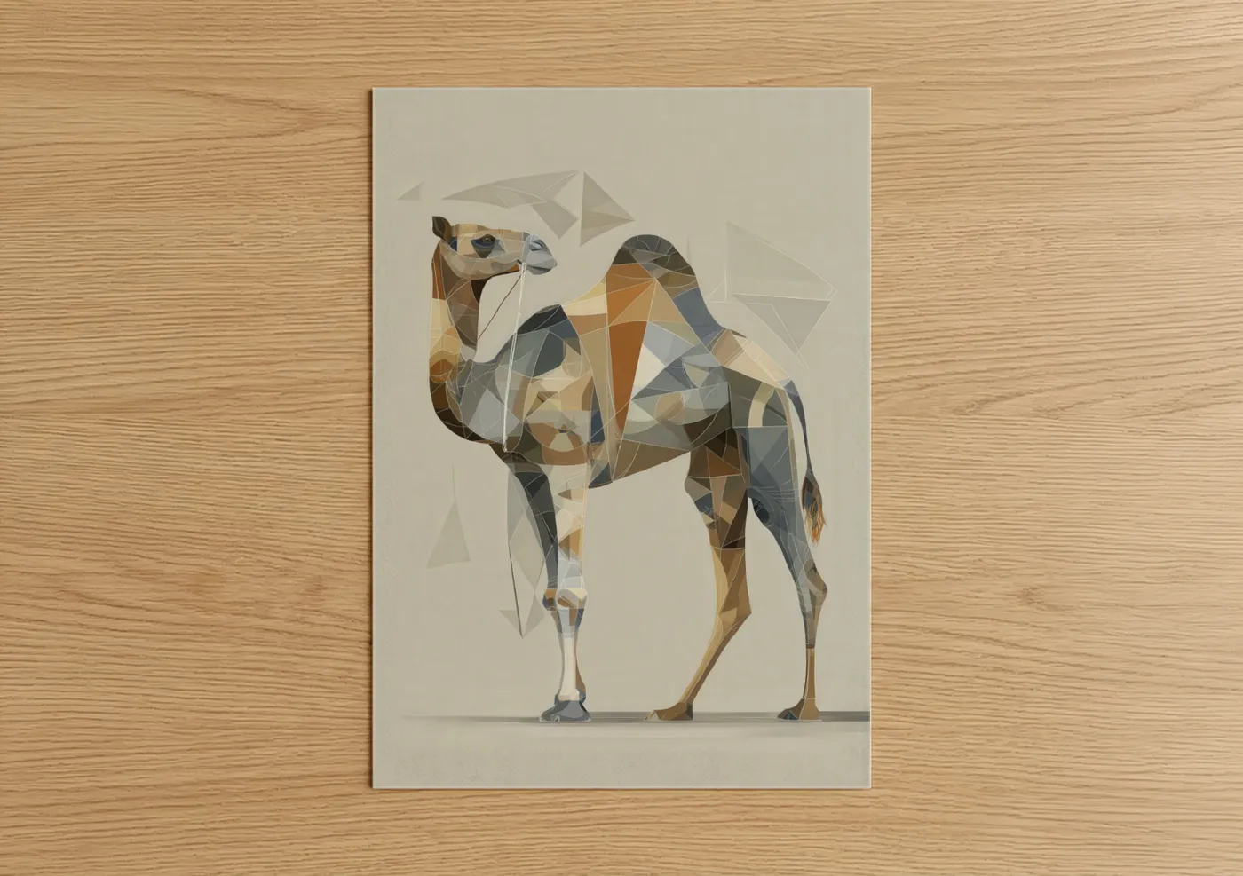 Art print on warm oak wood — dove gray palette — Geometric Camel poster