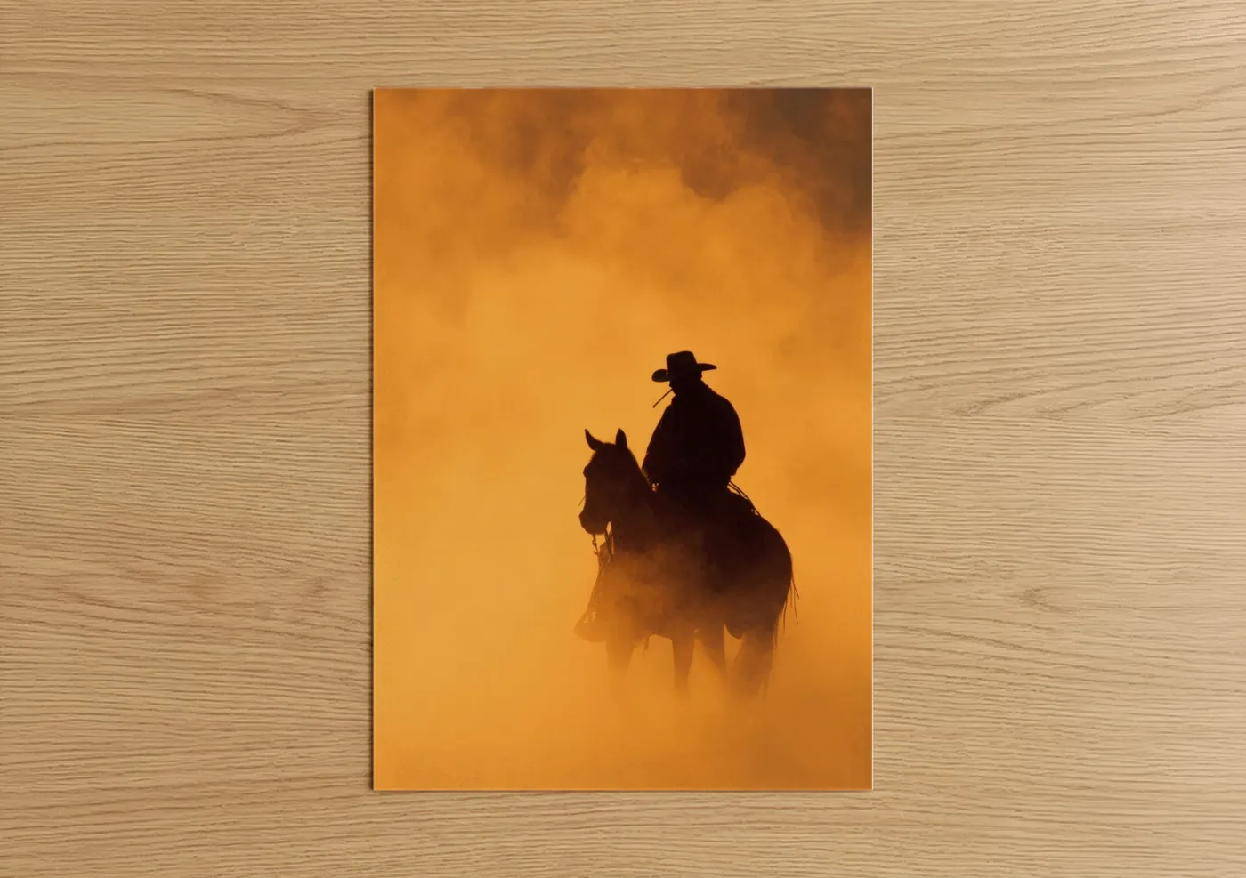 Smoke art print on warm oak wood — orange and black palette — Dusty Cowboy Silhouette poster