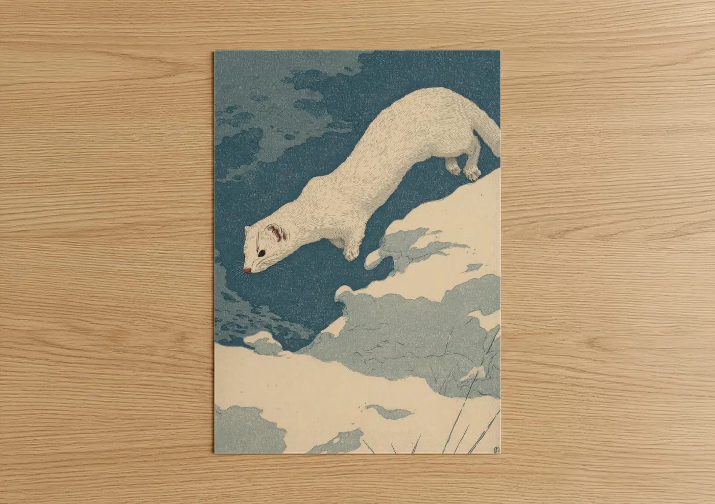 Arctic Weasel Japanese Woodblock Wall Art