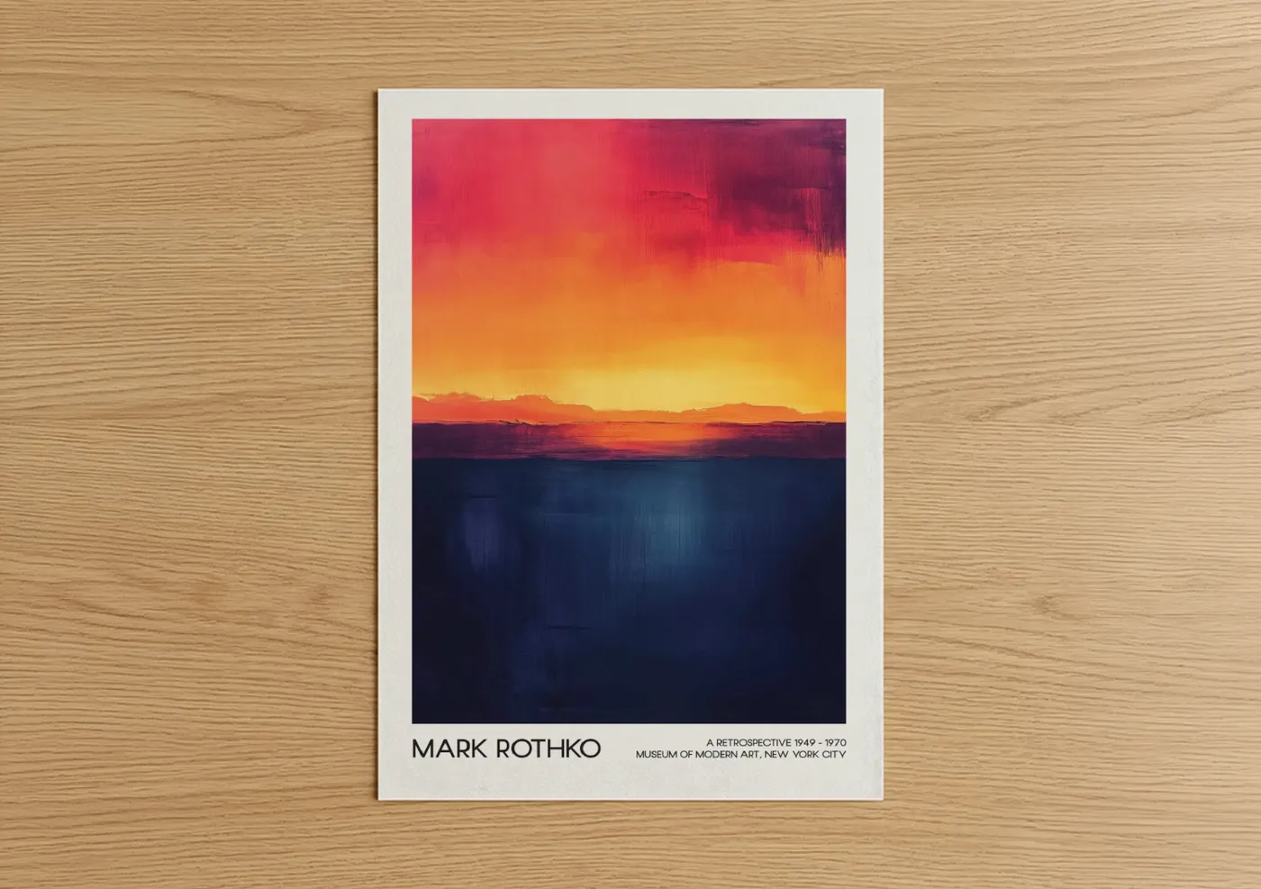 Abstract classic art print on warm oak wood — gold and dark blue palette — Chromatic Horizon poster