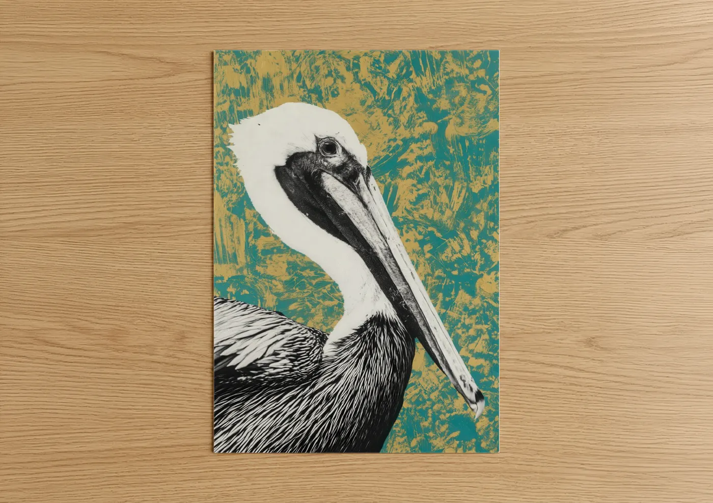 Art print on warm oak wood — teal and gold palette — Golden Pelican Portrait poster