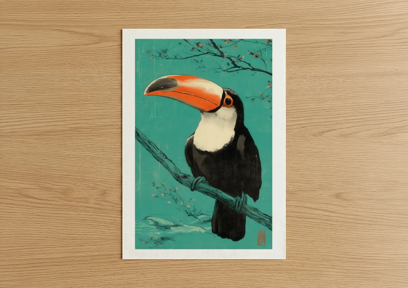 Art print on warm oak wood — teal and orange palette — Tropical Toucan poster