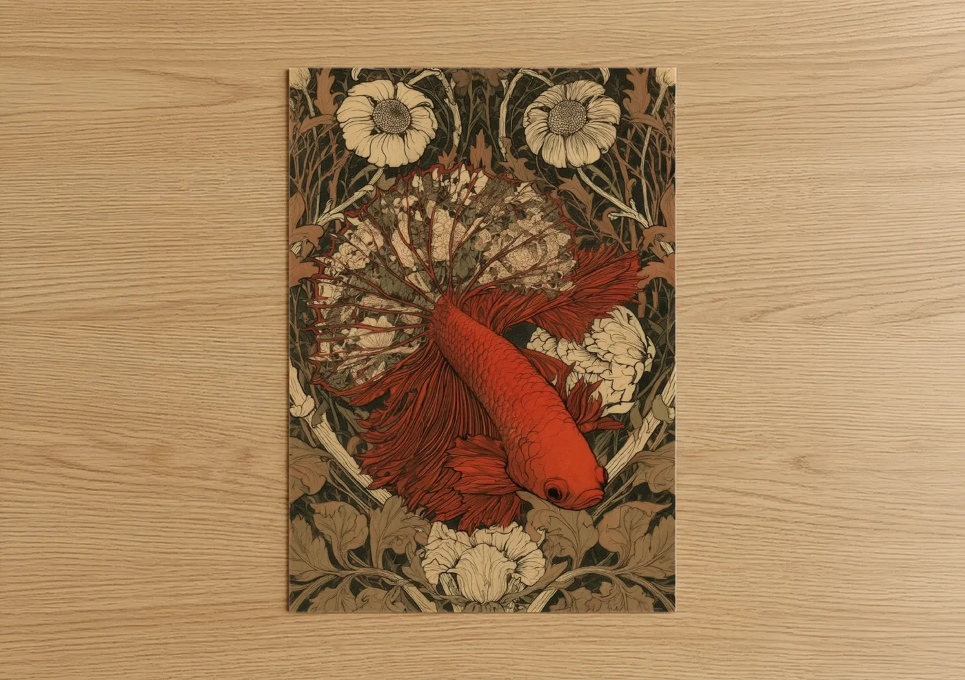 Fighting fish art print on warm oak wood — red and cream palette — Crimson Betta Glory poster