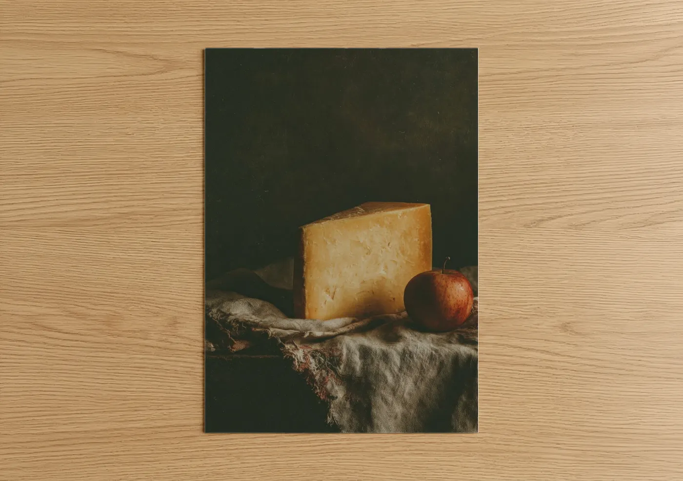 Art print on warm oak wood — dark green and gold palette — Rustic Cheese Still Life poster