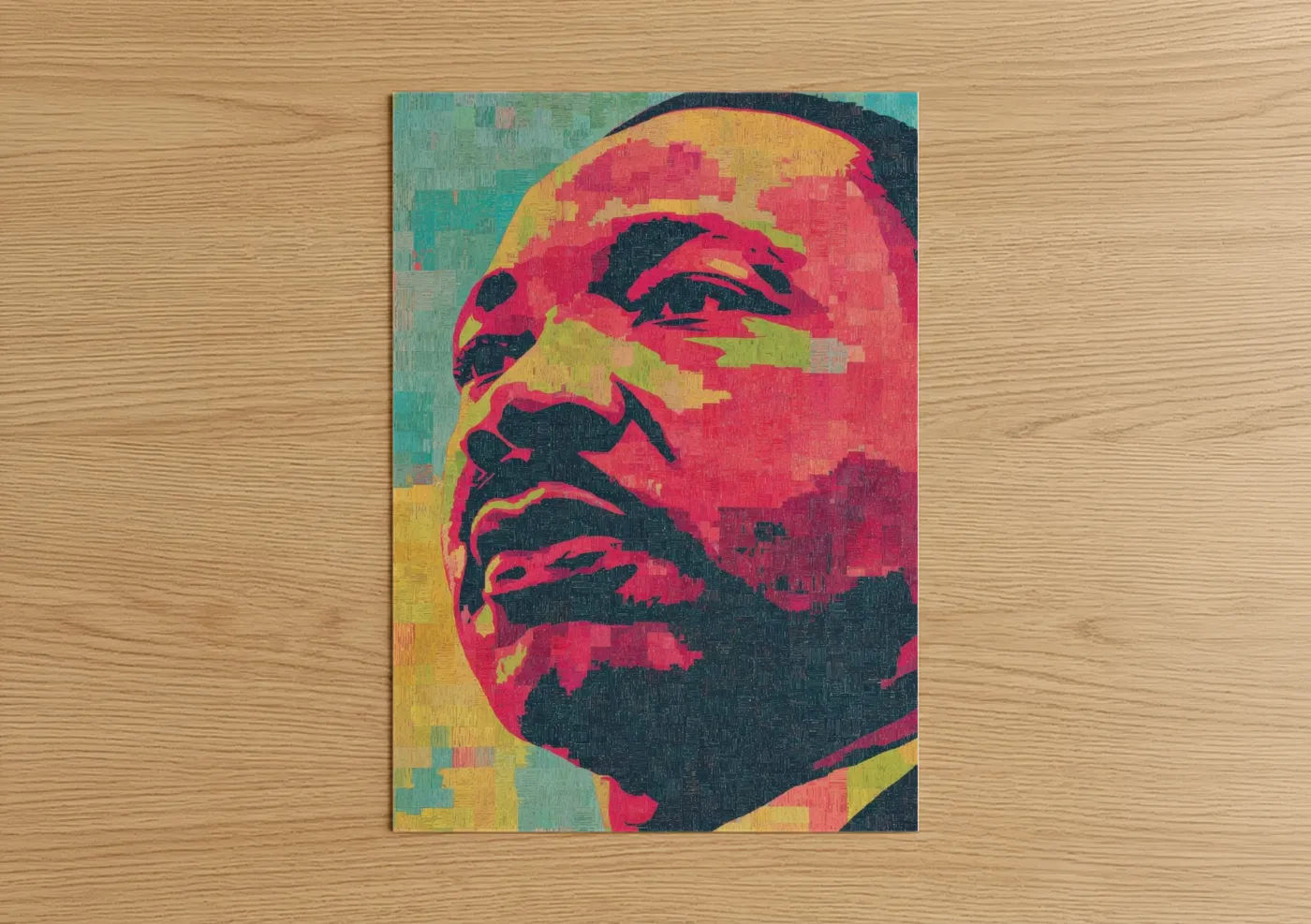 Martin luther king jr day art print on warm oak wood — magenta and gold palette — MLK Inspirational Portrait poster