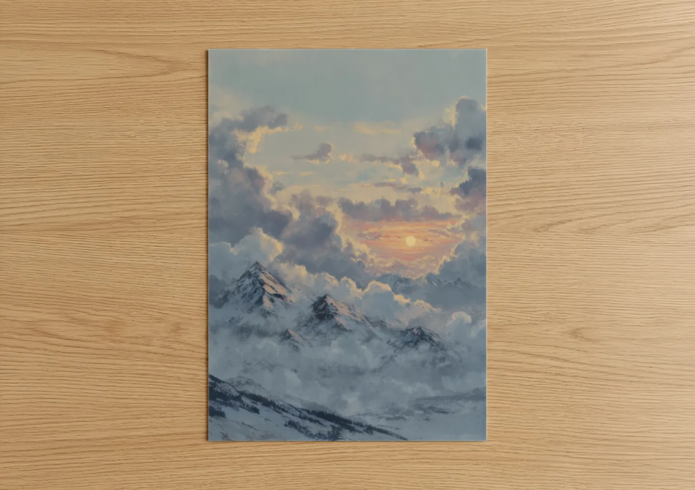 Winter art print on warm oak wood — gold and blue and white palette — Snowy Mountain Sunrise poster