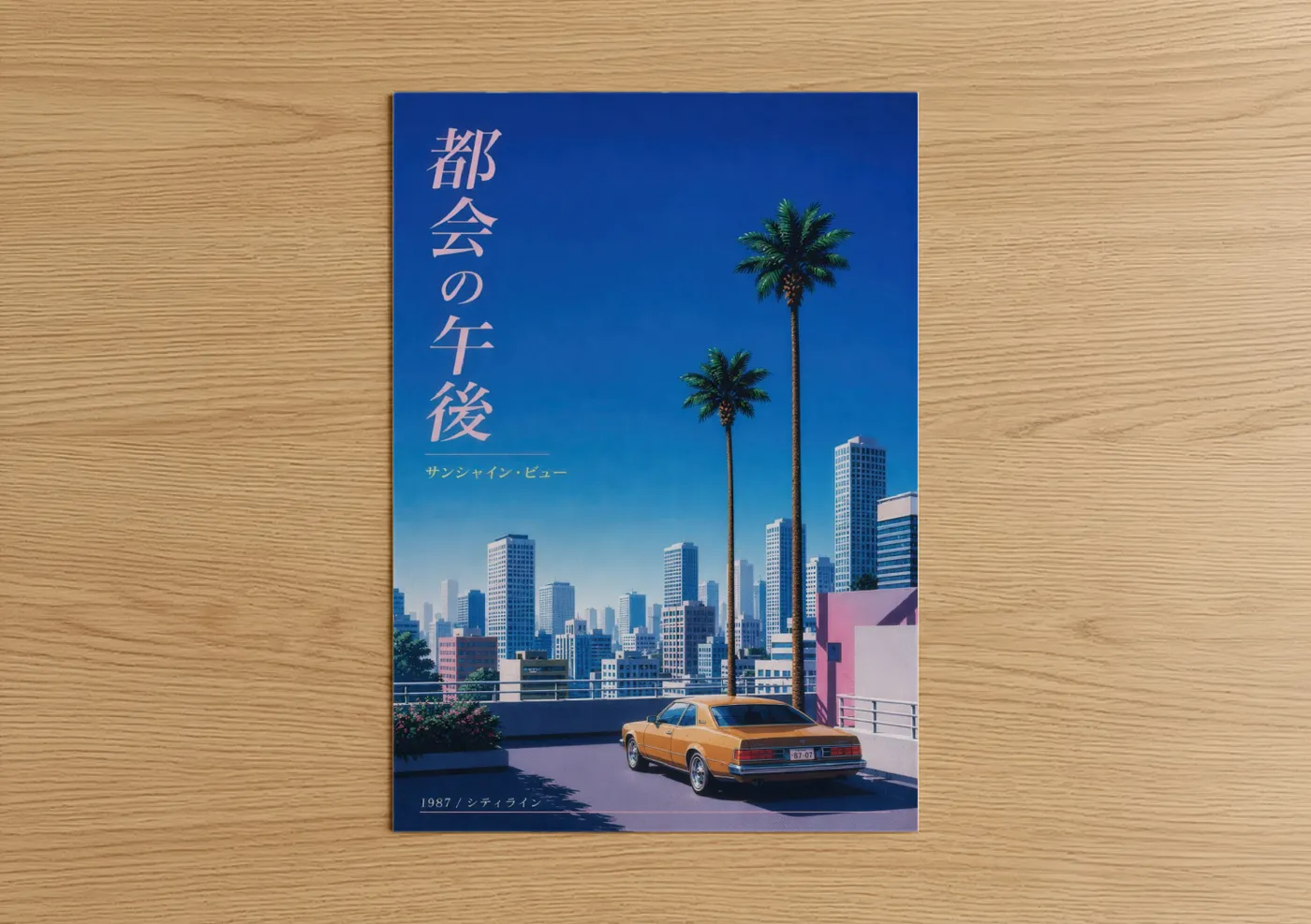 Palm tree art print on warm oak wood — blue and pink palette — Japanese Retrofuturism Cityscape Wall Art poster