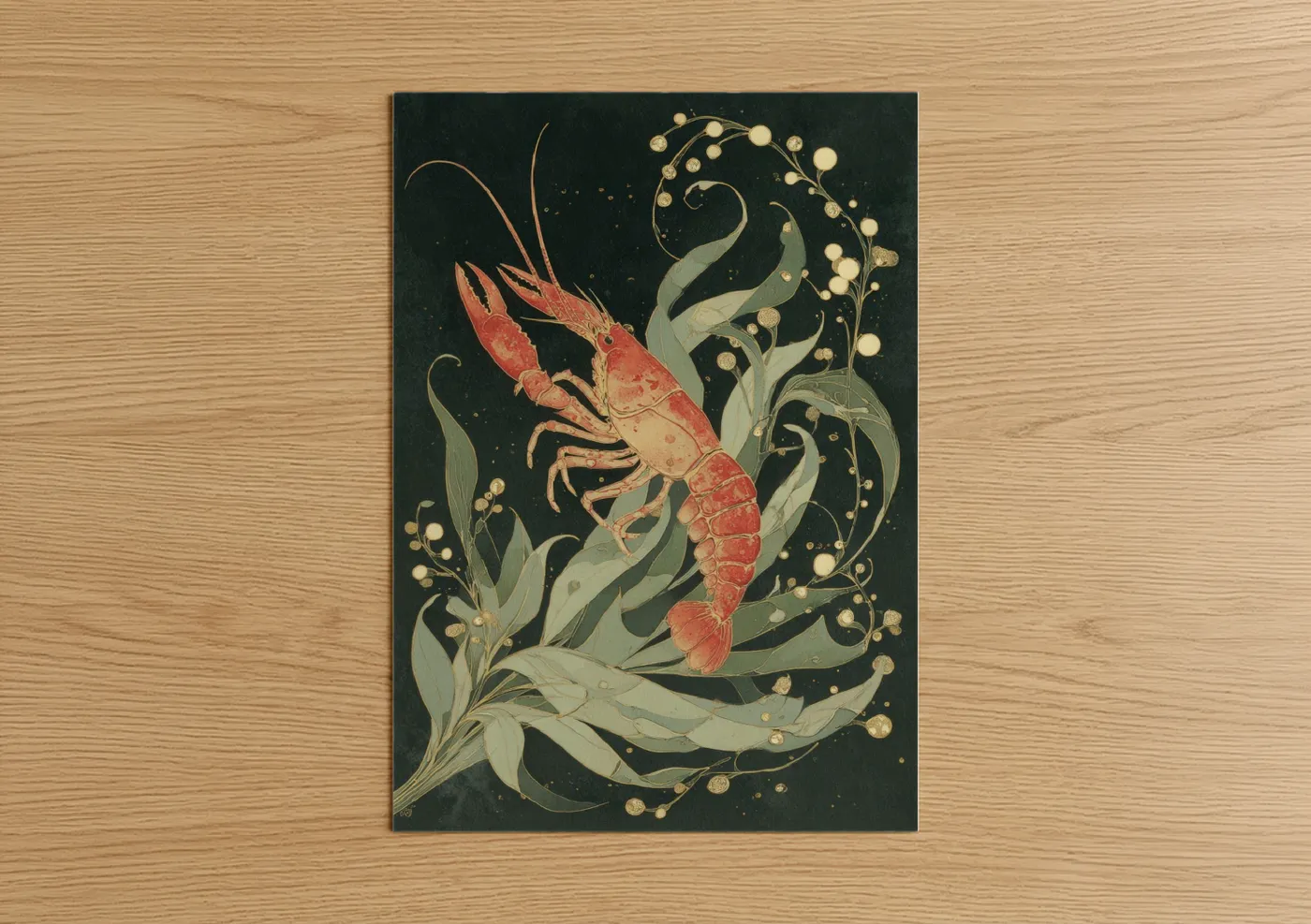 Art print on warm oak wood — dark green and gold palette — Crimson Crayfish poster