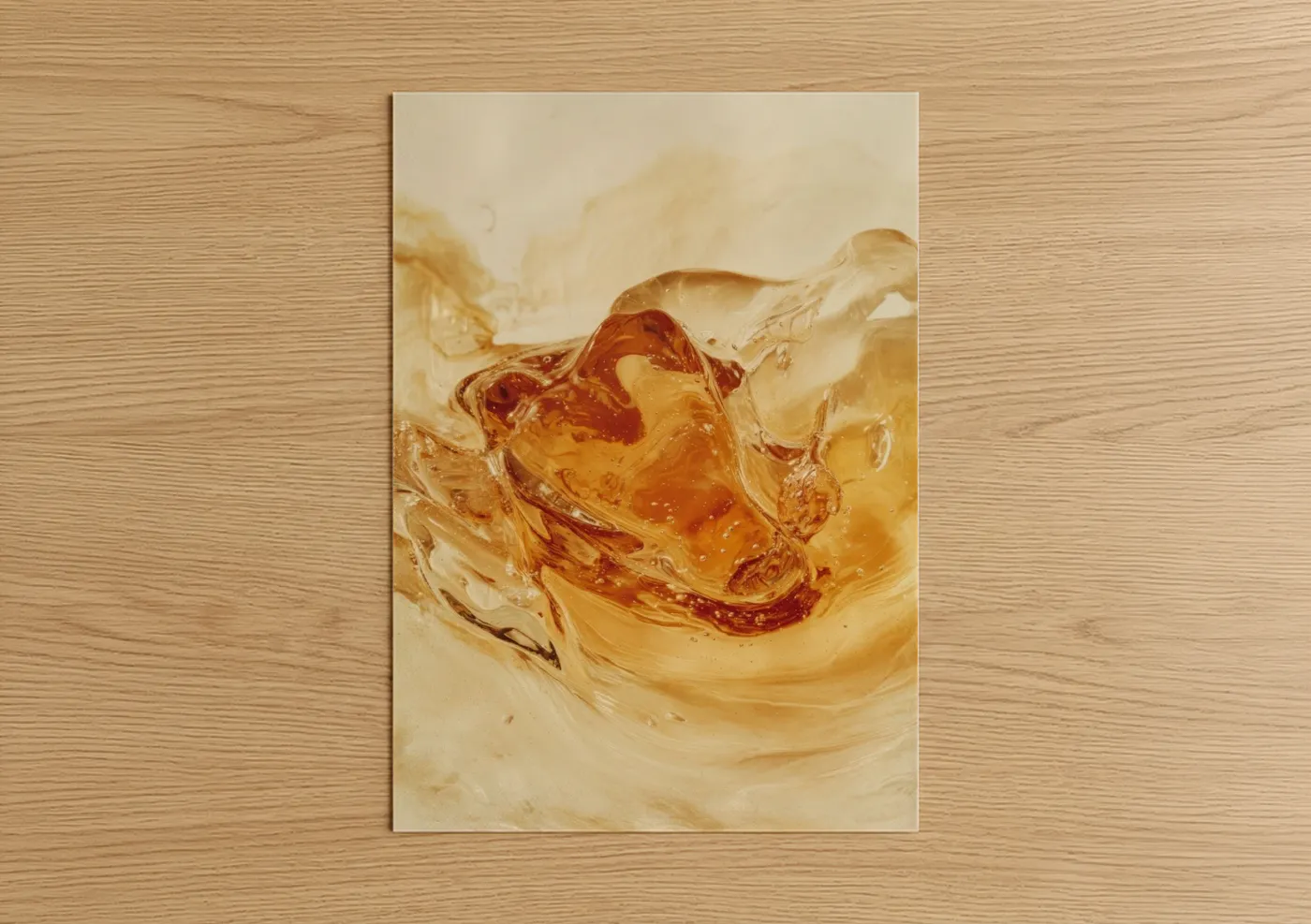 Iced tea art print on warm oak wood — gold and cream palette — Amber Tea Splash poster