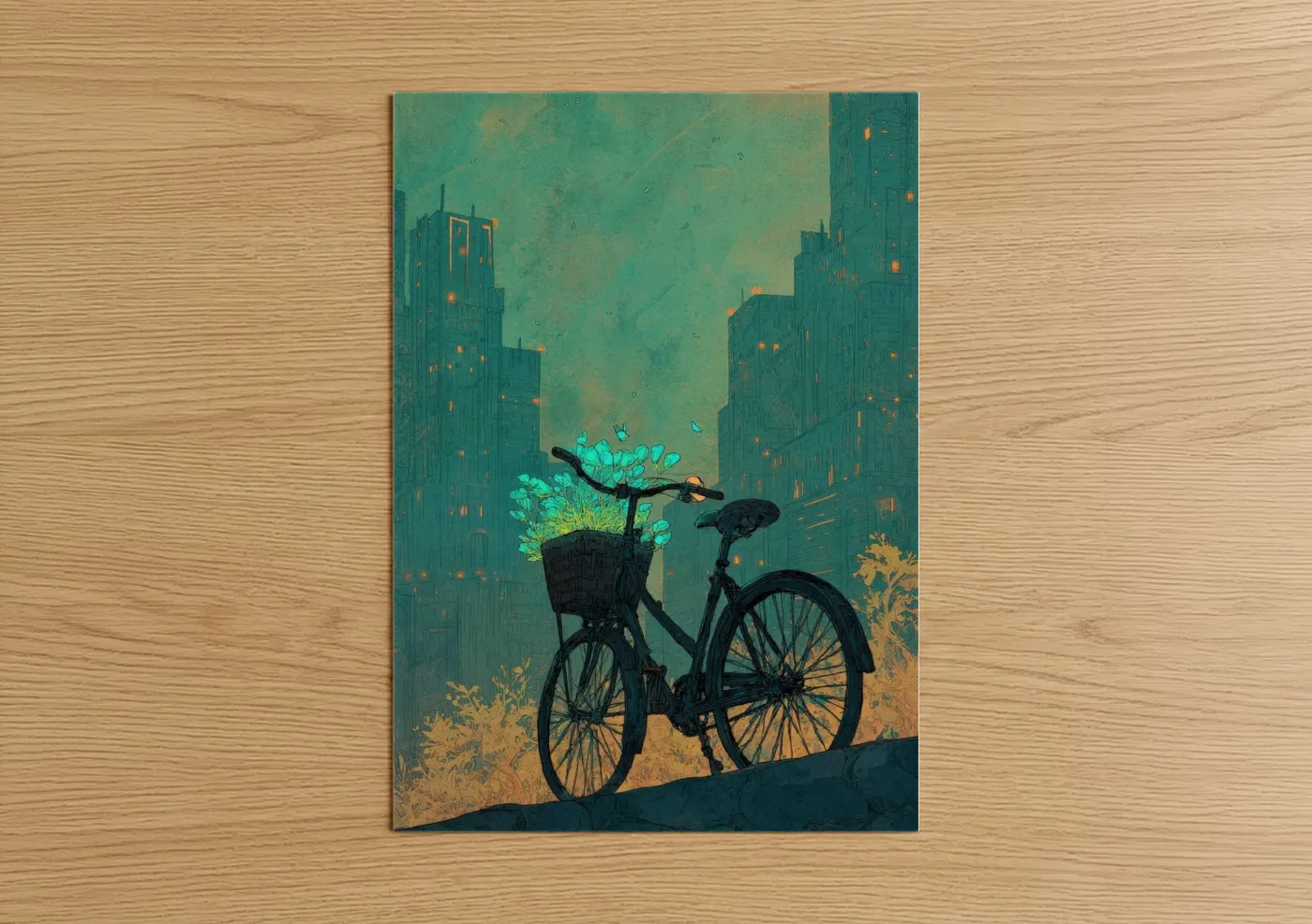 Urban Bicycle with Glowing Flowers Wall Art