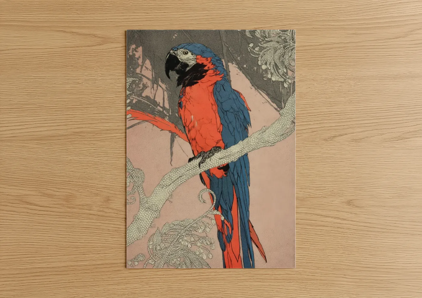 Art print on warm oak wood — red and blue palette — Scarlet Macaw Portrait poster