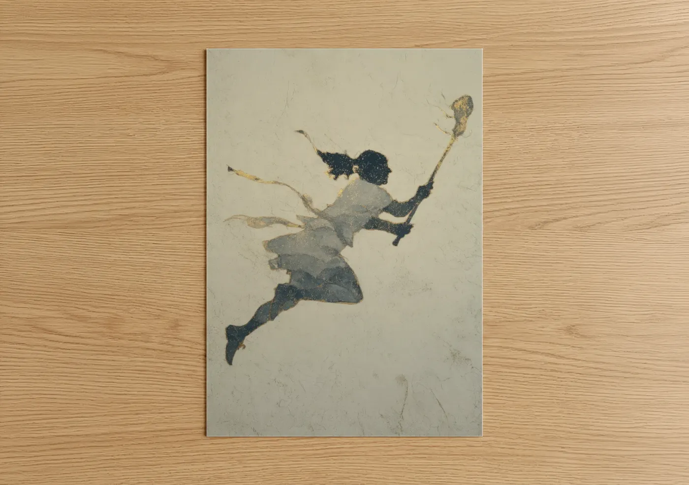 Art print on warm oak wood — black and cream palette — Dynamic Lacrosse Player poster