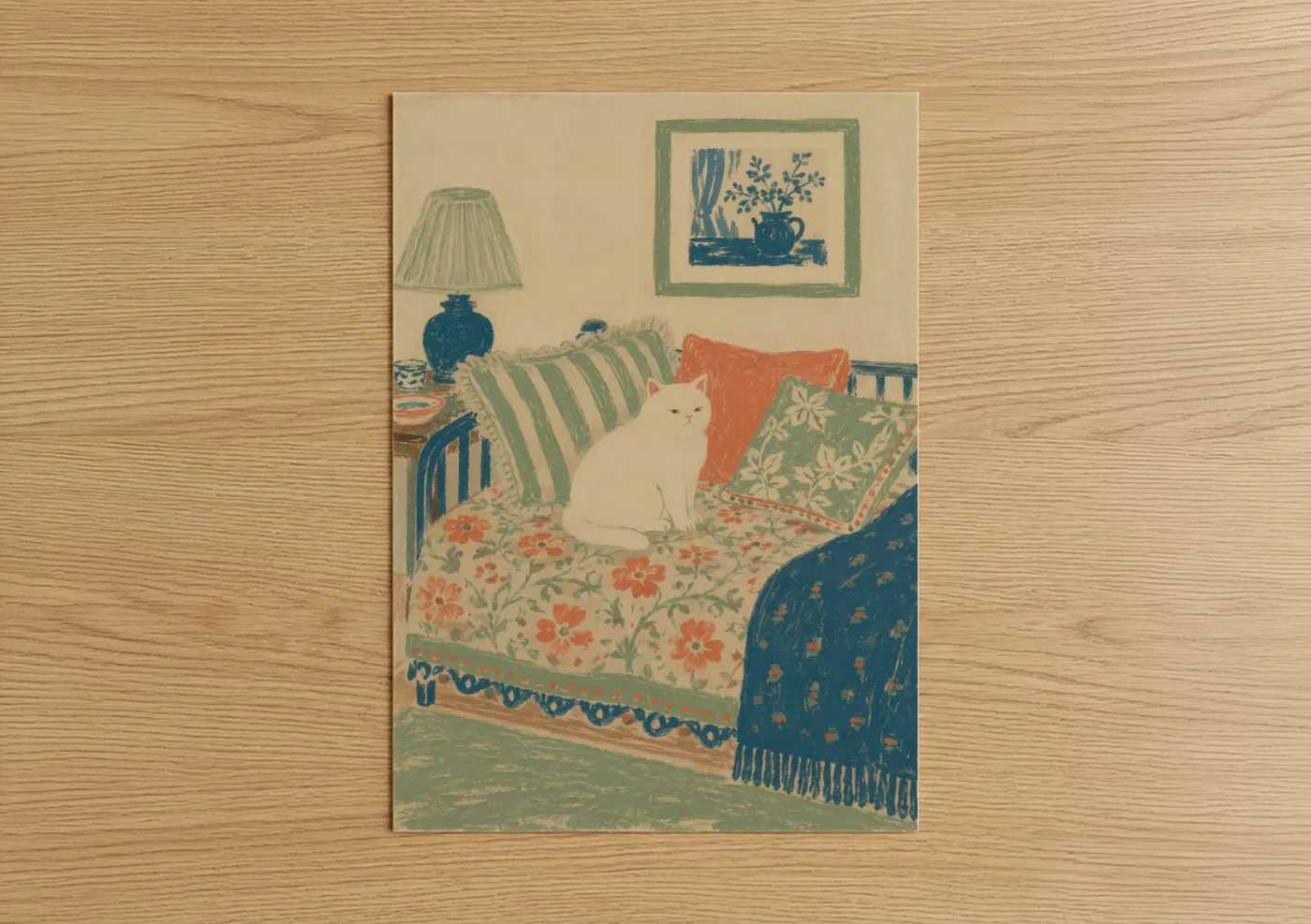 Art print on warm oak wood — beige and sage green palette — White Cat on Floral Sofa Wall Art poster