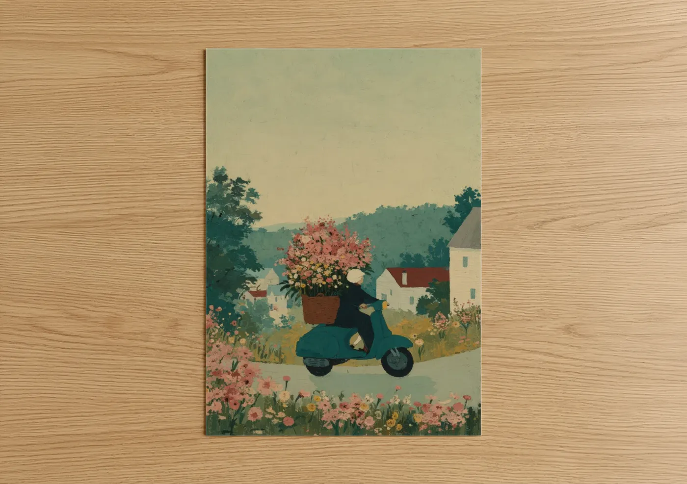 Vintage Scooter Flower Delivery Illustration Wall Art
