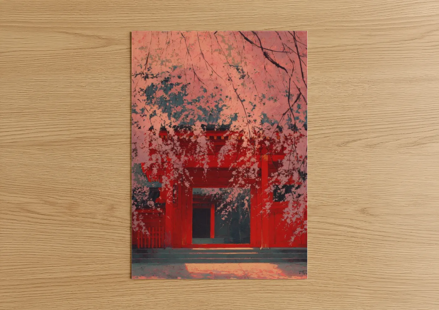 Art print on warm oak wood — salmon pink and red palette — Crimson Gateway poster