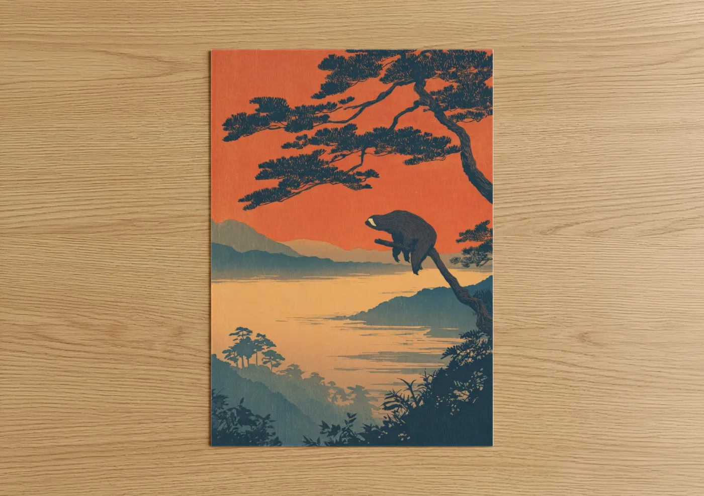 Art print on warm oak wood — orange and dark blue palette — Sunset Sloth poster