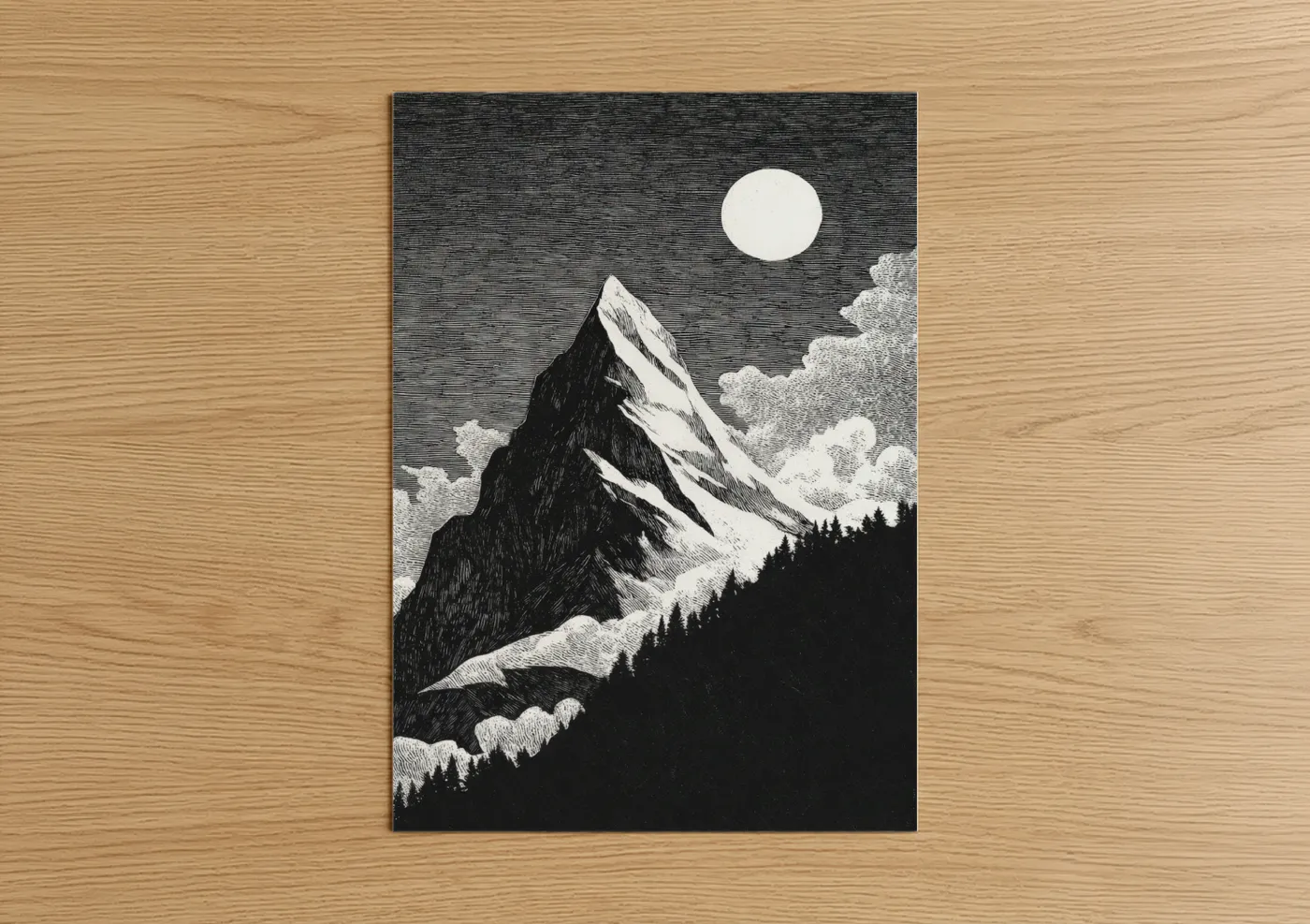 Night sky art print on warm oak wood — black and white palette — Moonlit Mountain Peak poster
