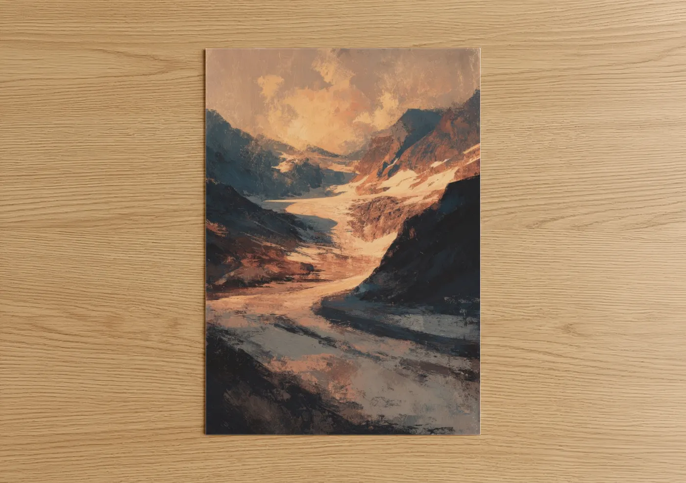 Art print on warm oak wood — gold and blue palette — Alpine Glacier Valley poster