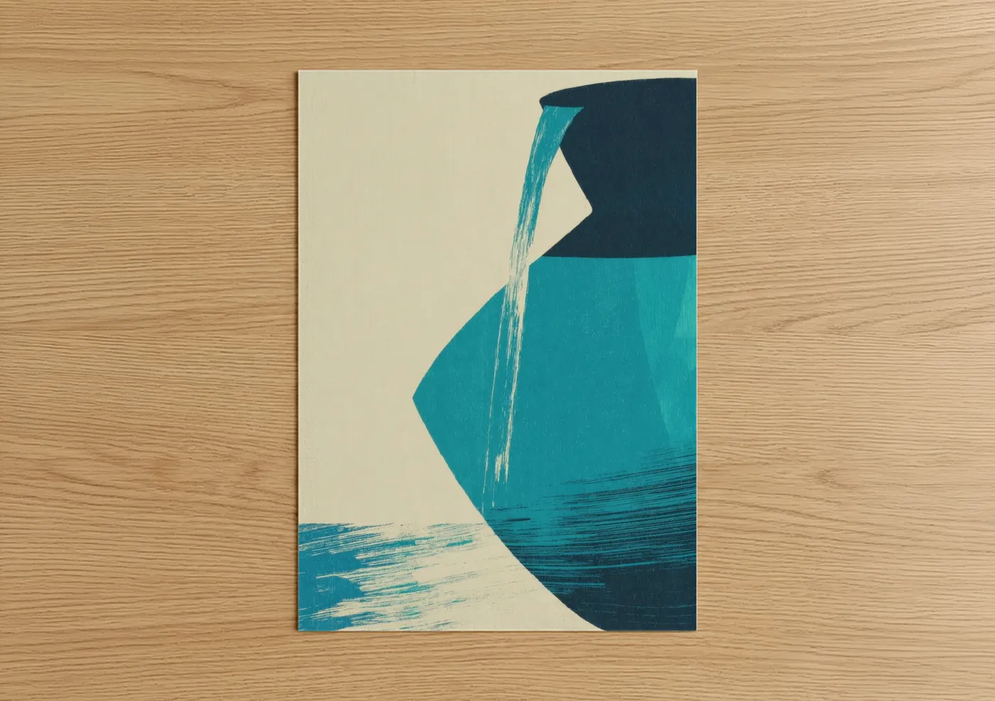 Art print on warm oak wood — teal and dark blue palette — Aquarius Water Bearer poster