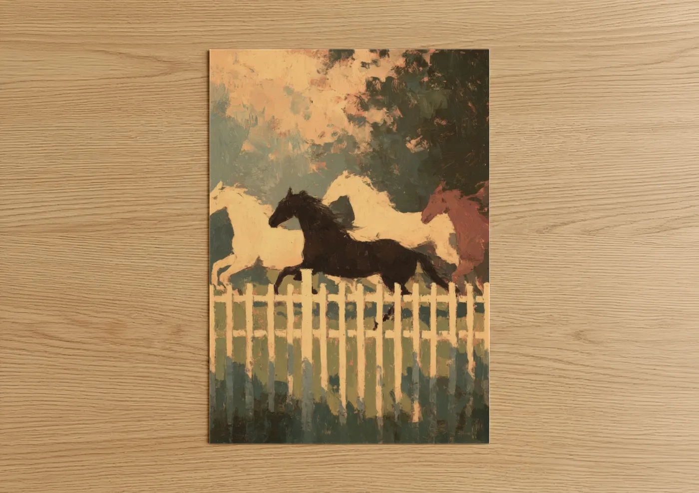 Horse racing art print on warm oak wood — gold and dark green palette — Galloping Trio poster