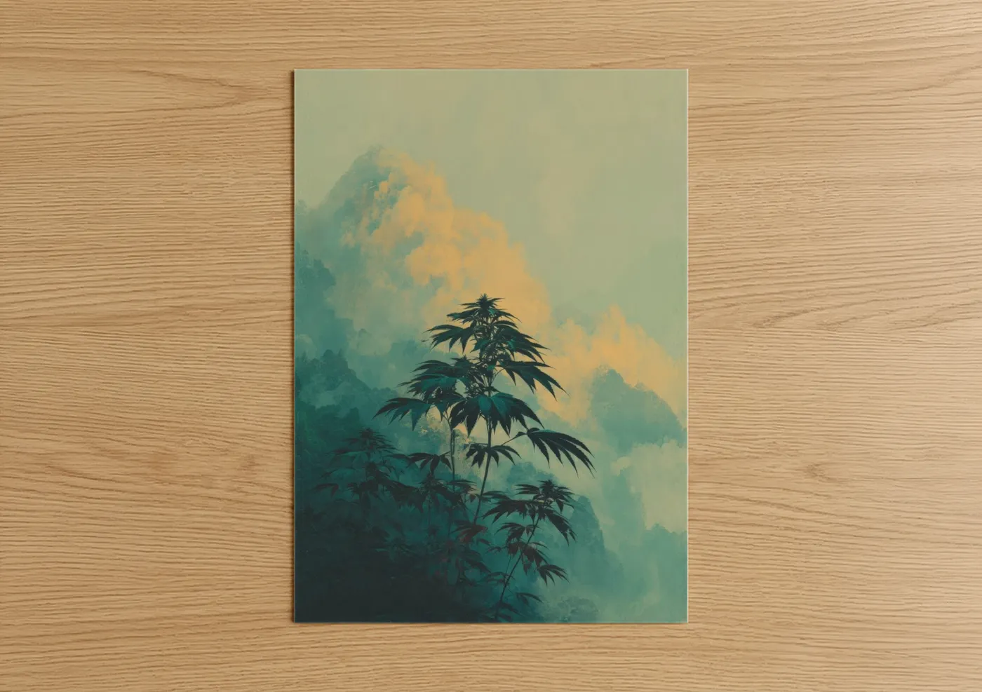 Marijuana art print on warm oak wood — teal and gold palette — Misty Mountain Cannabis poster
