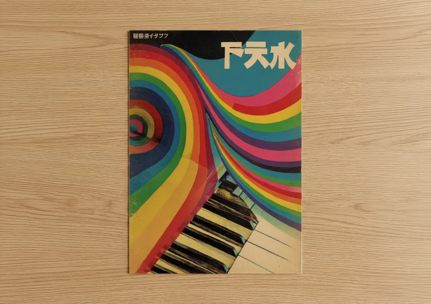 Japanese psychedelic art print on warm oak wood — red and yellow palette — Rainbow Psychedelic poster