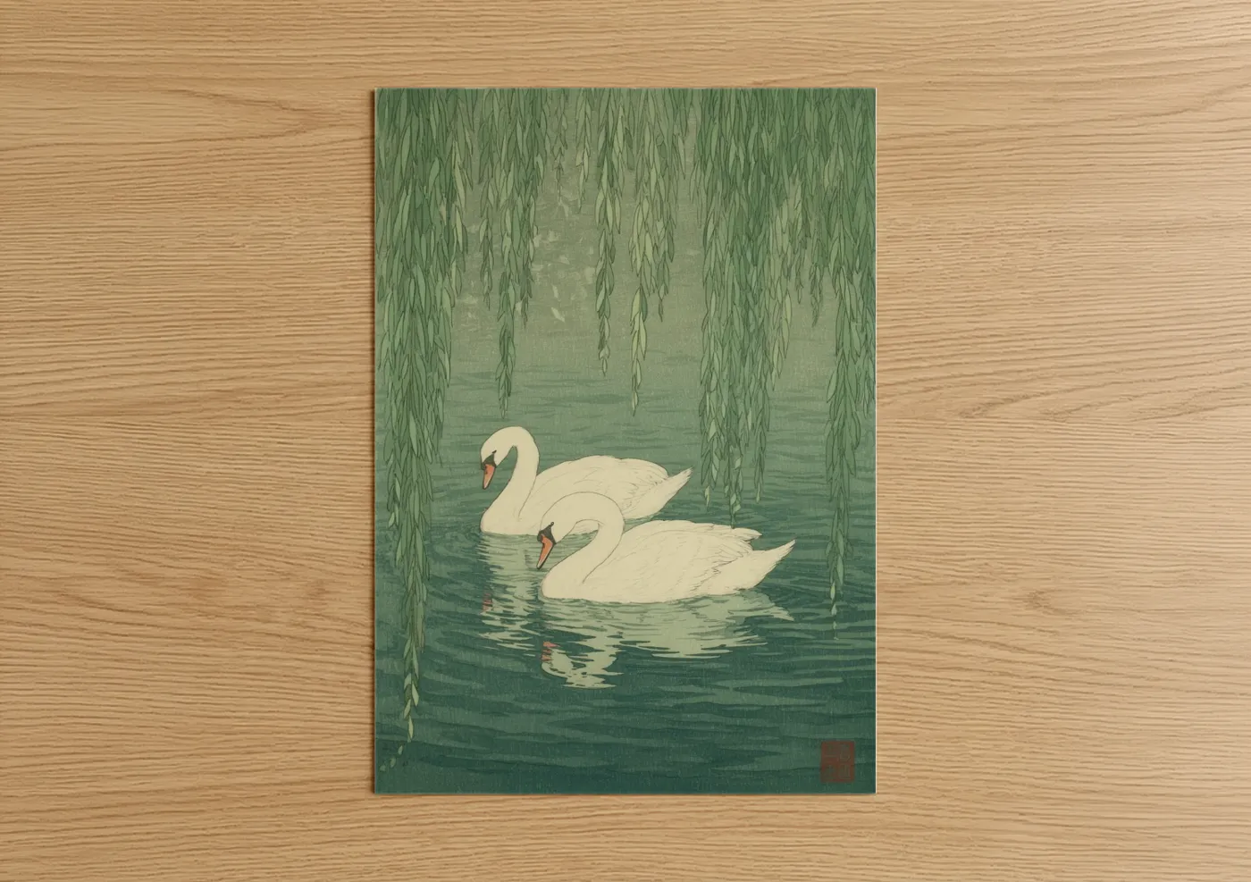 Two White Swans Willow Tree Watercolor Wall Art