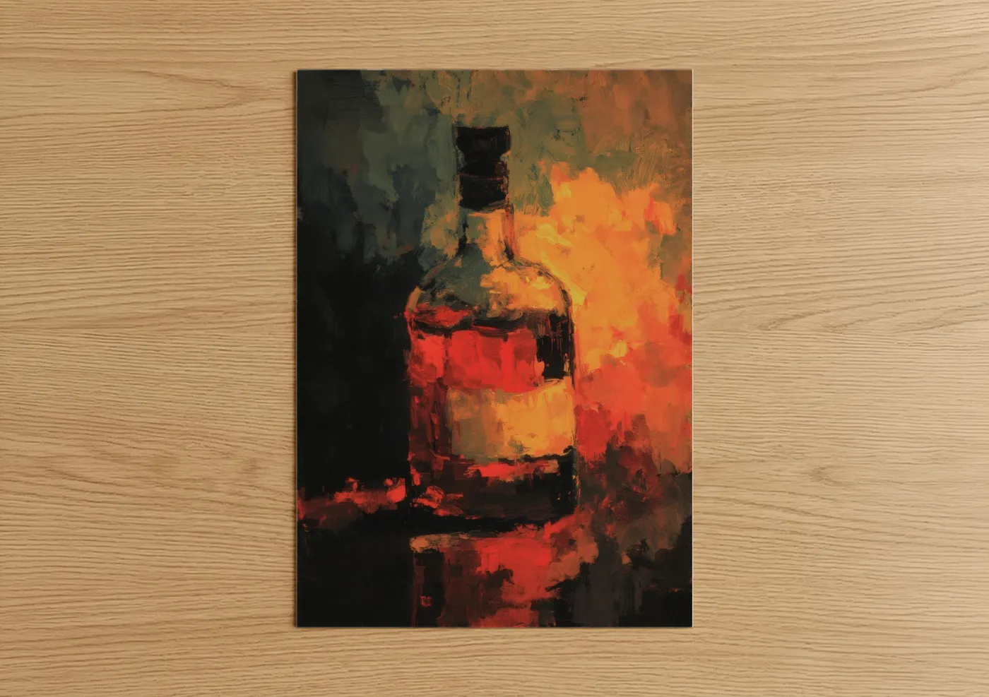 Art print on warm oak wood — orange and black palette — Amber Whiskey poster