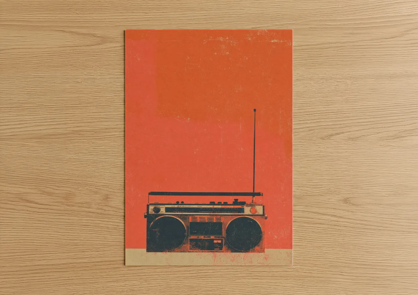 Art print on warm oak wood — orange and black palette — Vintage Boombox poster