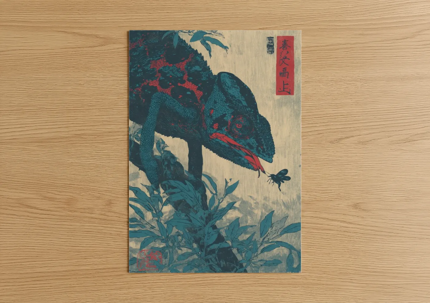 Art print on warm oak wood — teal and red palette — Ruby Chameleon poster